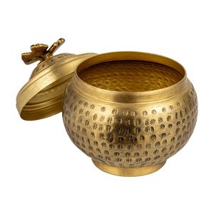Round Hammered Metal Container with <b>Butterfly</b> Finial Brass Finish <b>Decorative</b> Storage Box for Home <b>Decor</b> - Product Image 1