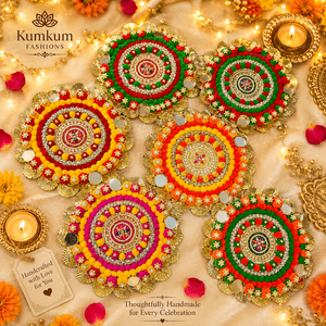 Support de bougie chauffe-plat tendance en Gota Patti fait main indien avec pompons Rangoli pour Noël, mariage, Diwali, décoration festive pour la maison - Product Image 2