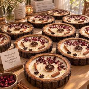 Bougie en cire de soja artisanale en rondelle de bois, récipient rustique en écorce d'arbre, écologique, avec pétales de rose séchés, cannelle et anis étoilé, lumière orange - Product Image 6