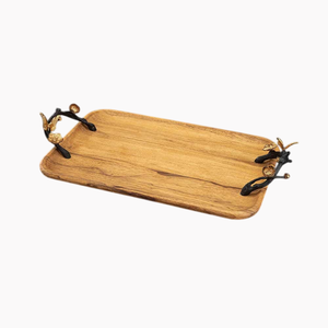 Plateau de service vintage pour biscuits et en-cas, élégant plateau de service en bois avec des accents métalliques à feuille d'or, à prix attractif - Product Image 4