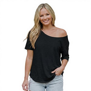 <b>High</b> Quality Women's Summer <b>T</b>-<b>Shirt</b> Crew Neck Regular Fit Solid Color Casual Breathable Knitted Polyester/Cotton Top - Product Image 2