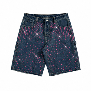 High Waist Denim Shorts With Rhinestone <b>Sequins</b> Streetwear Style Summer Cargo <b>Pants</b> Medium Wash Cotton Fabric - Product Image 5