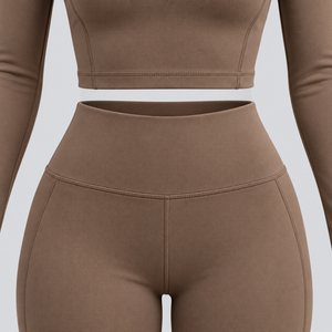<b>Brown</b> Solid Long Sleeve Raglan Crop Top High Waist <b>Leggings</b> Set <b>Women</b> Minimalist Pilates Yoga Loungewear Front Private Label OEM - Product Image 4