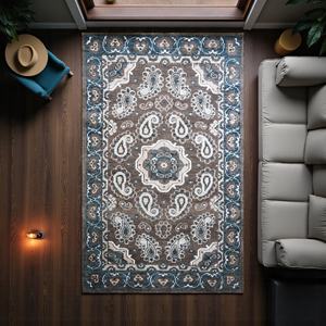 Tapis en laine noué à la main, design traditionnel Paisley, persan, écologique, bleu et marron, décoration de salon - Product Image 6