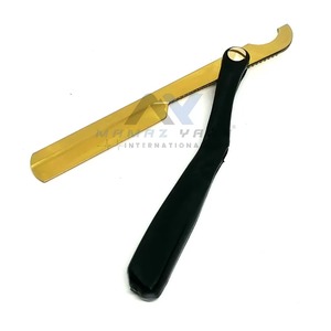 Rasoir de barbier à lame droite en or de qualité supérieure, acier inoxydable, verrouillage pivotant, manche en plastique noir, logo personnalisé de haute qualité - Product Image 1