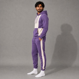 Ensemble de survêtement unisexe violet à blocs de couleur, imprimé, épais, avec sweat à capuche et pantalon de jogging à rayures latérales pour le streetwear - Product Image 4