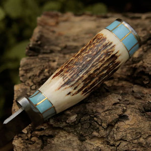 Couteau Bowie à lame fixe en acier Damas sur mesure de 10,5 pouces, ambidextre, neuf, pour la chasse et la survie, avec manche en bois de cerf et turquoise, objet de collection - Product Image 4