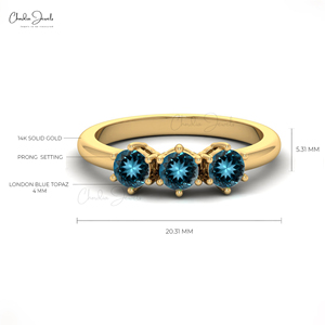 Produits phares : Bague à trois pierres en topaze bleue de Londres en or jaune massif 14 carats, pierre précieuse ronde de 4 mm, fournisseurs en gros - Product Image 4