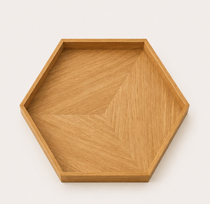 Bandeja de Servir Hexagonal Moderna y Ecológica de Madera de Roble con Diseño Geométrico de Marquetería, Acabado Natural Decorativo, para Bodas - Product Image 5