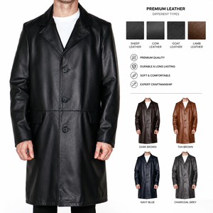 <b>Men's</b> Genuine Leather <b>Long</b> Coat Double Breasted Turn-Down Collar Formal Winter <b>Jacket</b> Premium Quality Durable Soft Comfortable - Product Image 1
