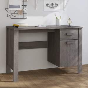 Bureau d'ordinateur rectangulaire gris clair en bois de pin massif et MDF avec lampe de bureau intégrée - Product Image 1