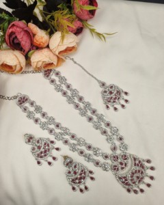 Elegant Rhodium Plated Cubic Zirconia Jewellery <b>Set</b> Multi Layer Long <b>Necklace</b> Matching <b>Earrings</b> Mangtika Partywear <b>Set</b> Wholesale - Product Image 1