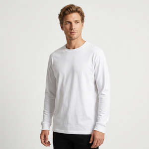 <b>Men's</b> White Long Sleeve Crew Neck T-Shirt Polyester/Cotton Jersey Casual Solid Color Knitted Plain Dyed Plus Size Front Blank - Product Image 6