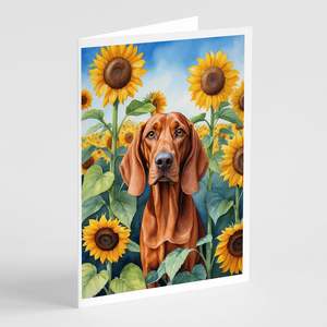 Redbone Coonhound in Sunflowers A7 Tamaño 5x7 Whimsical Tarjetas de felicitación en blanco Paquete de 8 con sobres Tarjetas de notas - Product Image 1