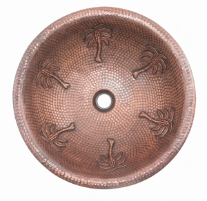 Artisanal Round Copper <b>Sink</b> With Palm Tree Design Hand Hammered Bohemian Style Stylish Home And <b>Kitchen</b> Essentials - Product Image 5