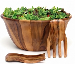 Ensemble de saladiers en bois de qualité supérieure avec cuillère et fourchette de service, design minimaliste, réutilisable, passe au lave-vaisselle, forme ronde, pour un usage quotidien - Product Image 1