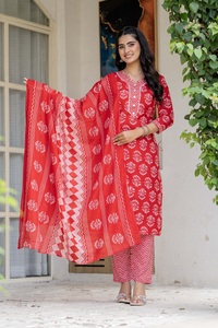 Red Printed Straight <b>Kurta</b> Set with Dupatta & 2 Side Pockets | <b>Women</b> Cotton Ethnic Wear Suit - Product Image 2