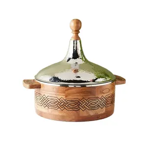 Gümüş kaplama kapak ahşap Hotpot Pot için en kaliteli el yapımı lüks güveç yuvarlak şekil masa mutfak gıda sunucusu