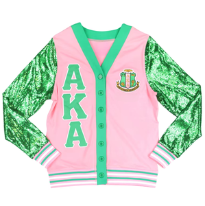 Cárdigan con logo AKA rosa y verde, suéter con botones para hermandad, chaqueta de moda con mangas brillantes, atuendo elegante y moderno para mujer - Product Image 1