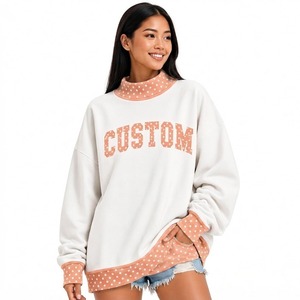 Wholesale Women’s <b>White</b> Custom Sweatshirt Polka Dot Accent Design Cute Letter Graphic Mock neck Oversized Cozy <b>Long</b> <b>Sleeve</b> <b>Top</b> - Product Image 2