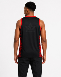 Maillot de basket-ball personnalisé pour homme, noir et rouge, col en V, sans manches, sublimé, respirant, vêtements de sport pour équipe adulte - Product Image 3