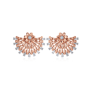 Premium Rose Gold Floral Peacock Fan Style Statement Ring with Sparkling CZ and <b>Silver</b> Baguette Stones - Product Image 1