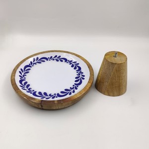 Handmade Eco-Friendly Wooden Cake Stand with Blue Leaf Pattern <b>Round</b> <b>Serving</b> <b>Tray</b> for Dessert Display Hand Wash Only 1 Piece - Product Image 4
