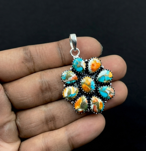 Natural Spiny Oyster <b>Turquoise</b> Gemstone Pendant Orthodox Vintage Pear Cut 925 Sterling Silver Engagement Unisex Charm Necklace - Product Image 5