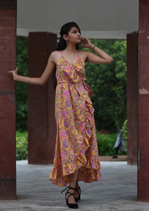 Robe Maxi en Coton Indien Imprimé Bloc à la Main Robe Respirante avec Technique Tie Dye Tissé à la Taille Naturelle - Product Image 4