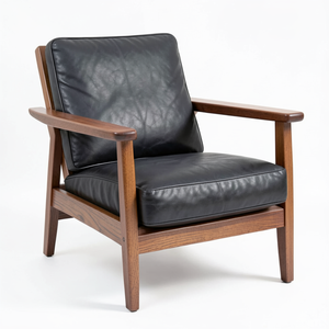 Sillón de Cuero Vacuno Genuino Negro de Alta Calidad, Estructura de Madera Marrón Natural, Silla Moderna para Sala de Estar, Muebles para Sentarse - Product Image 1