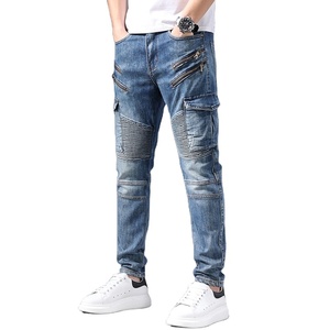 Jeans de Mezclilla Cargo para Hombre, Color Azul Sólido, Corte Ajustado, Cintura Media, Estilo Motociclista, con Cierres y Bolsillos, para Otoño, Tela de Algodón - Product Image 1