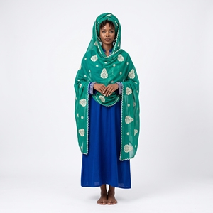 Chal de Voile Suizo Bordado al por Mayor Garbasaar Teal Gold Paisley con Borde Festoneado Multicolor para Fiesta OEM ODM Personalizado - Product Image 1