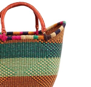 Wholesale Handcrafted Seagrass <b>Handbags</b> With Leather <b>Handles</b> Brown Green Stripe Woven Straw Tote Beach Bag OEM - Product Image 4