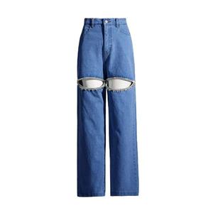 Pantalon en jean taille haute à jambe large noir, coupe ample, déchiré, orné de perles, style streetwear, fermeture boutonnée - Product Image 5