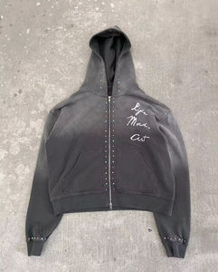 Custom Manufacturers Heavyweight Distressed <b>Zip</b> Hoodie Men Streetwear Printed Rhinestone 450 Gsm Vintage Acid Wash 100% Cotton - Product Image 5
