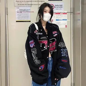 Veste de moto vintage pour femme, style baseball épaissi, coupe-vent, imprimé à franges, manteau automne-hiver - Product Image 6