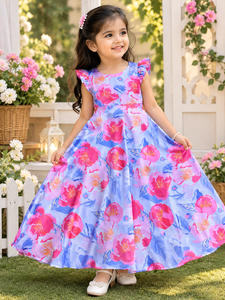 Vestido de Fiesta Floral de Moda para Mujer, con Mangas con Volantes, Largo Regular, Vestido de Verano, Secado Rápido, Elegante, Corte Regular, para Diwali y Bodas - Product Image 1