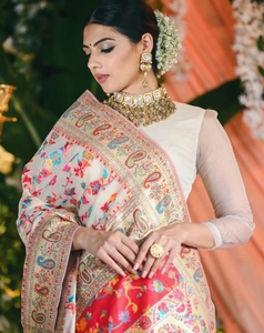 KV Traditional Woven Banarasi Pure Cotton Saree (White)-Party Wear Reversible Wrinkle Free Quick Dry Autumn - Product Image 1