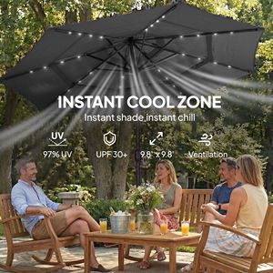 Ombrellone a braccio a 3 livelli con LED solari per esterni, con manovella inclinabile, nero - Product Image 6