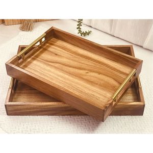 Bandeja de Servir de Madera de Acacia de Lujo Personalizada al por Mayor con Asas de Metal Dorado, Bandeja Decorativa para Desayuno, Café y Comida - Product Image 1