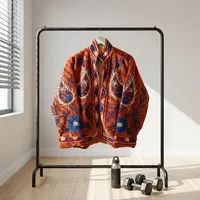Blouson Bomber en Velours Suzani Broderie Florale Tricotée Col Montant Manches Longues Respirant Coupe-Vent Hiver Automne Femme