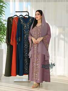 Awais House Women's Purple Embroidered Abaya V Neck Long Sleeve Floor Length Modest Dress Floral Pattern Rayon Material - Product Image 6