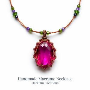Collar Colgante de Macramé Rosa Magenta Hecho a Mano |   Piedra de Rubí Roja Facetada, Joyería Boho Curativa - Product Image 4