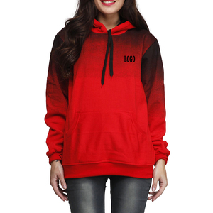 Sweat-shirt à capuche dégradé rouge pour femme avec logo sur le devant et poches, vêtement décontracté d'automne, manches longues, en coton tricoté - Product Image 1