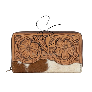 Portefeuille pour femme en cuir véritable de style cowgirl avec fermeture éclair, emplacements pour cartes, compartiments pour billets, poche à monnaie, portefeuille vintage travaillé pour un usage quotidien - Product Image 1