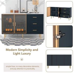 Modern Amber Yellow Tempered Glass Door Sideboard Gold Metal Legs Marble Sticker Tabletop MDF Buffet Cabinet for Living Room - Product Image 4