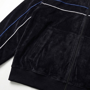 Black Velvet Blue White Stripe Track Jacket| Stand Collar Zip Up Velour Bomber |Retro Streetwear Jacket| Custom OEM Manufacturer - Product Image 4