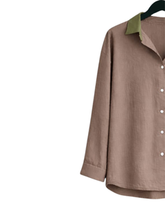 Ensemble deux pièces décontracté pour femme : chemise marron et pantalon large vert olive en coton et lin, tenue ample d'été, fabricant OEM - Product Image 3