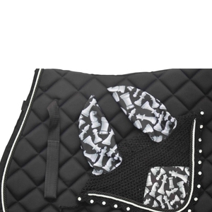European Horse Black Chess Saddle Pad Matching <b>Bonnets</b> Cotton Fabric Polycotton Black All-Purpose Saddle pad - Product Image 3
