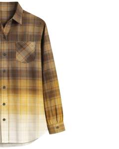 Camisa de Franela a Cuadros Ombre Marrón y Amarillo Personalizada para Mujer, Manga Larga, Cuello Abotonado, Informal, Mezcla de Algodón, Blusa de Otoño e Invierno - Product Image 4